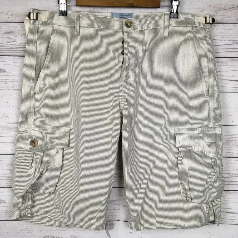 7 For All Mankind Mens 36 Cargo Shorts Conductor Stripe White Blue Seven